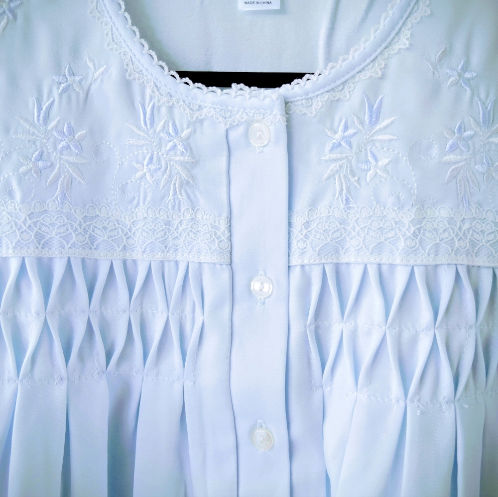 NWT Miss Elaine Light Blue Long Sleeve Nightgown w/Embroidery, Lace, Smocking - Picture 3 of 11